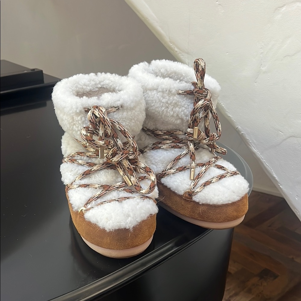 Moon Boot White and Brown Winter Rain Boots with Fur Lining
